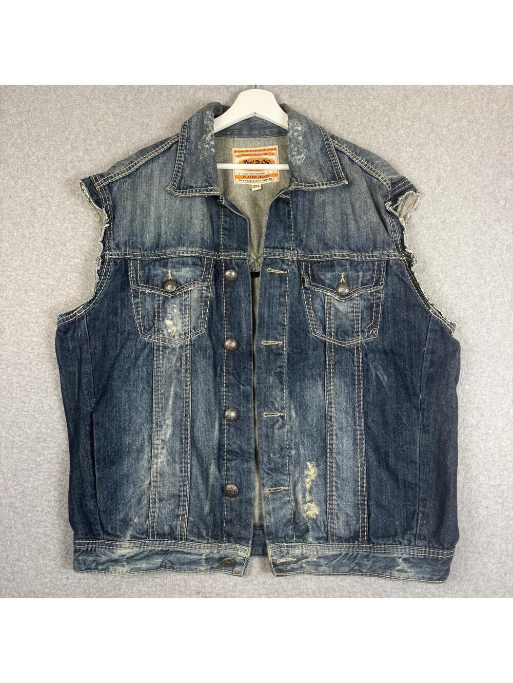 Rivet De Cru Men's 3XL XXXL Blue Denim Distressed Button Down Jean Jacket Vest